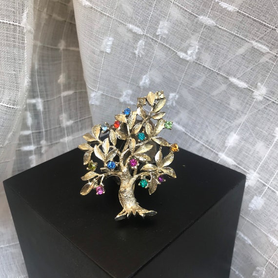 Dodds Gold Tone Tree Brooch with Multicolor Gemst… - image 1