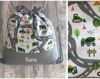 Kita-Kinderbeutel „Baufahrzeuge, weiß“ / Kindergartenrucksack / Turnbeutel / Rucksack