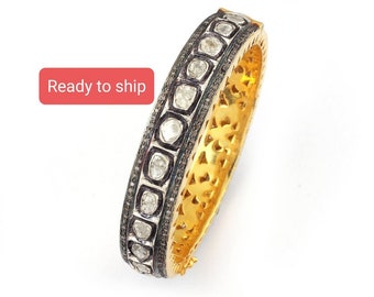 14k Gold Finish Pave Diamond Polki Bangle - Sterling Silver 925