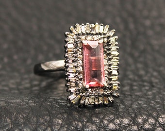Tourmaline Baguette Ring: Rosecut Pave Diamond, 925 Sterling Silver