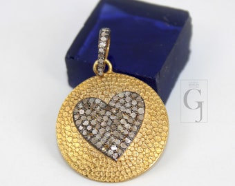 Handmade 14k Vermeil Gold Heart Pendant: Rosecut Pave Diamond, Sterling Silver Charm