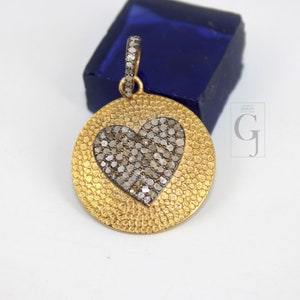 14k Vermeil Gold Heart Pendant Designer Rosecut Pave Diamond Pendant Sterling 925 Silver Handmade Finish Diamond Charms Necklace Pendant