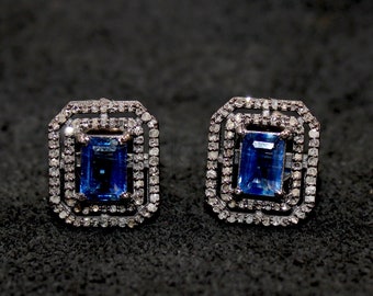 Very beautiful Kyanite stud earrings tops Pave rosecut diamond 925 sterling silver handmade diamond pave stud earrings