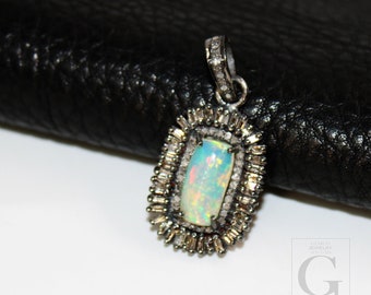 Beautiful baguette designer fire opal pendant Rosecut pave diamond pendant 925 sterling silver handmade finish diamond charm necklace pendan