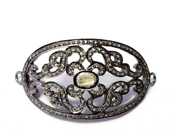 Rosecut Pave Diamond Bracelet Connector: Antique Sterling Silver Pendant Charm