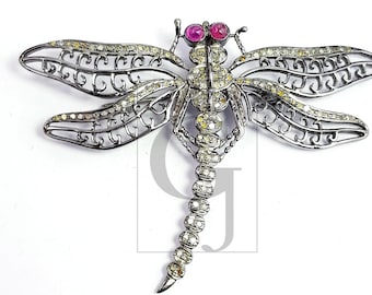 Broche pendentif diamant libellule : pavé taillé en rose, argent sterling 925