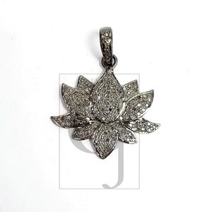 Rosecut Pave Diamond Lotus Pendant: Handmade Sterling Silver Flower Jewelry