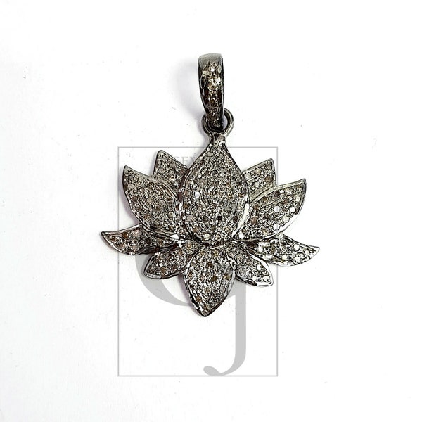 Very beautiful lotus shaped Rosecut pave diamond pendant 925 sterling silver handmade finish flower design diamond pendant jewelry