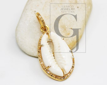 14K Gold Cowrie Pendant: Rosecut Pave Diamond, Oxidized Sterling Silver