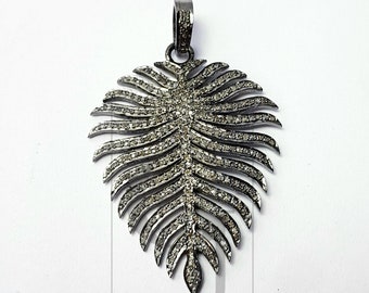 Rosecut Pave Diamond Leaf Pendant: Handmade Sterling Silver Jewelry