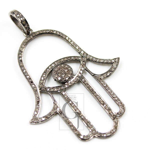 Antique hamsa evil eye pendant designer Rosecut pave diamond pendant 925 sterling silver handmade finish diamond charms necklace pendant
