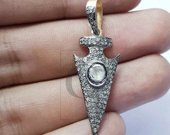 Handmade Sterling Silver Arrowhead Diamond Pendant: Rosecut Pave Jewelry