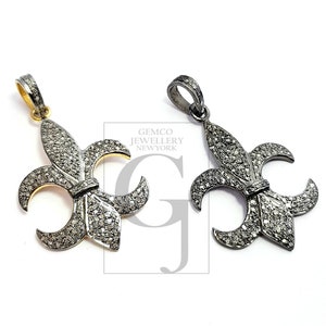 Pendentif fleur de lys diamants taille rose pavé : breloque en argent sterling 925