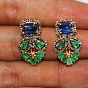Emerald Kyanite Stud Earrings: Rosecut Diamond Pave, Sterling Silver