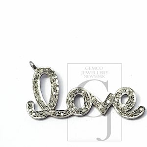 Handmade Pave Diamond &#39;Love&#39; Pendant: 925 Sterling Silver Rosecut Design