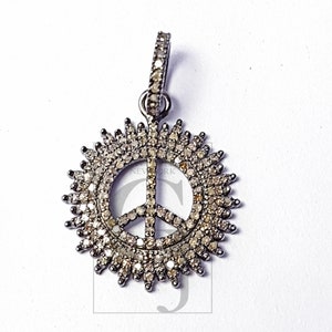 Pave Diamond Peace Sign Pendant: Handmade Sterling Silver Charm