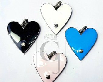 Enamel Heart Pendant: Rosecut Diamond, Sterling Silver Handmade Charm
