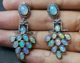 Opal Pavé Diamond Earrings, Oxidized 925 Sterling Silver Art Deco Jewelry