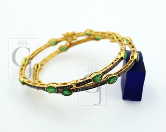 Handmade Emerald & Rosecut Diamond Bangle: 14k Gold Plated Sterling Silver