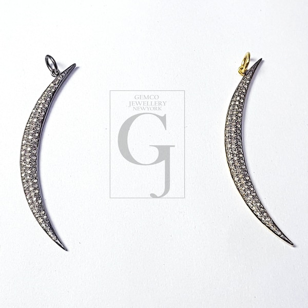 Pave Diamond Crescent Moon Pendant: Handmade Sterling Silver