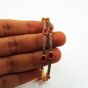 Ruby Diamond Bangle, Pavé Rosecut Diamond 925 Sterling Silver Yellow Gold Vermeil Bracelet