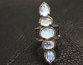 Handmade Rainbow Moonstone Ring: Rosecut Pave Diamond, Sterling Silver