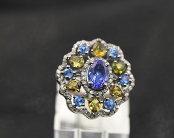 Very beautiful Kyanite tanzanite tourmaline Cocktail ring Rosecut pave diamond rings 925 sterling silver handmade silver finish diamond ring