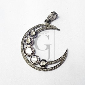 Sehr Schöner Halbmond Design Flach Diamant Pave Diamant Rosecut Anhänger 925 Sterling Silber Anhänger Handgemachter Diamant Anhänger