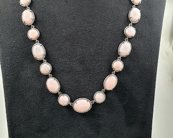 Handmade Pink Opal Necklace: Rosecut Pave Diamond Sterling Silver Pendant
