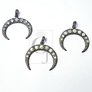 Beautiful crescent moon design with opal/moonstone/pearl Pave diamond rosecut pendant 925 sterling silver pendant handmade diamond pendant
