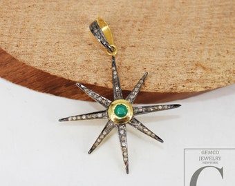 Smaragd Starburst Anhänger: Pave Diamant Rosenschliff, Sterling Silber