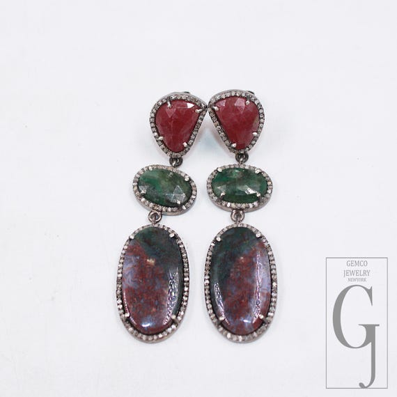 Multi-Stone Dangle Earrings: Ruby, Emerald, Sapph… - image 3