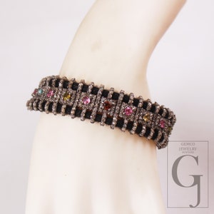 Multi Tourmaline Pave Diamond Bangle: Handmade Sterling Silver Bracelet