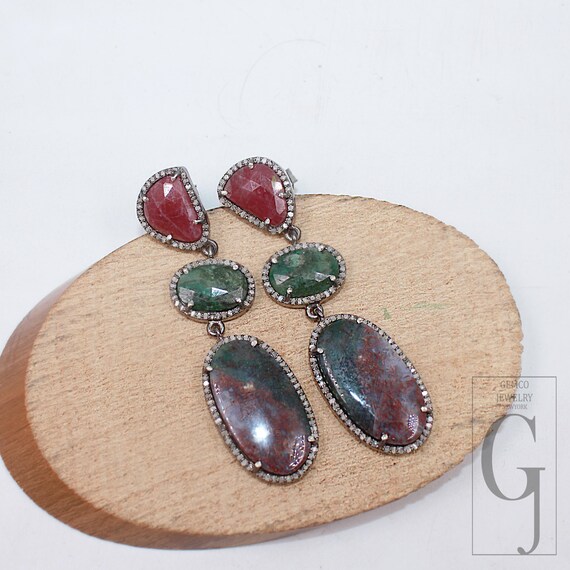 Multi-Stone Dangle Earrings: Ruby, Emerald, Sapph… - image 4