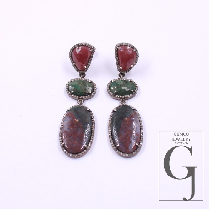 Designer Bloodstone, Emerald and Pink Sapphire Diamond Earrings, 925 ...