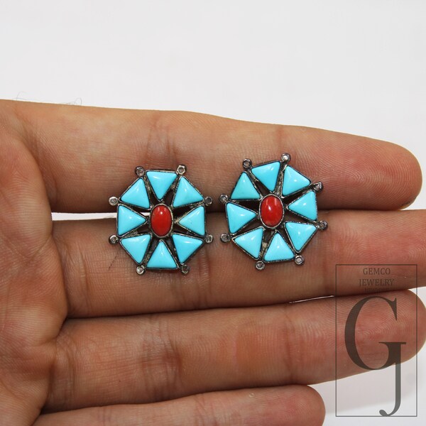 Genuine Sleeping Beauty Turquoise And Coral Rosecut Diamond 925 Sterling Silver Handmade Very Beautiful Diamond Pave Stud Earring Jewelry