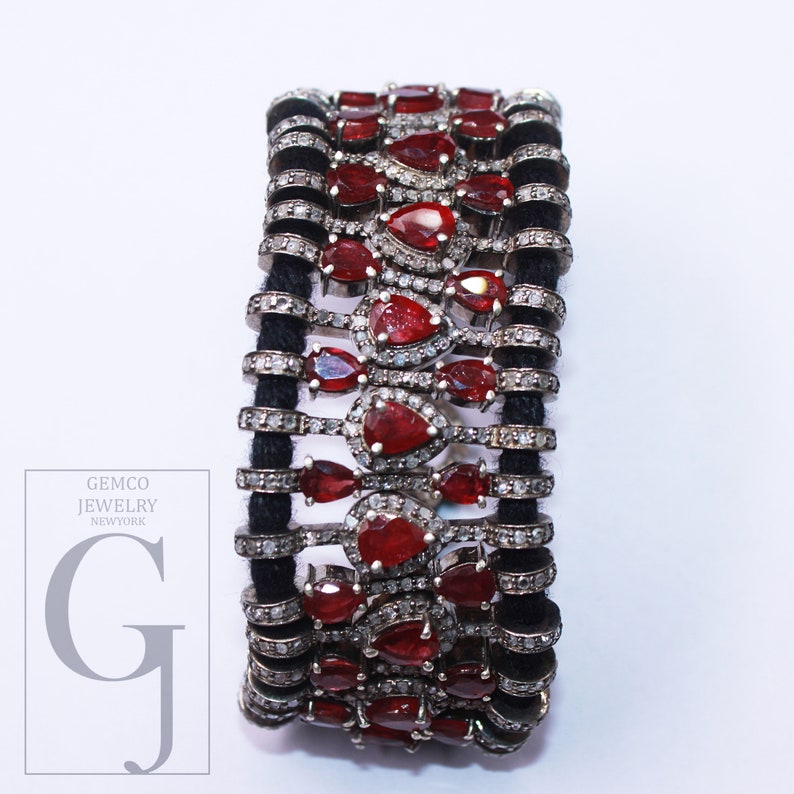 Red Ruby Thread Bracelet Rosecut Pave Diamond Thread Bangle Bracelet 925 Sterling Silver Handmade Finish Bangle Macrame Bracelet jewelry 1pc