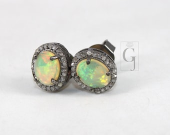 Natural opal oval stud earrings tops Pave rosecut diamond 925 sterling silver handmade very beautiful  diamond pave stud earrings