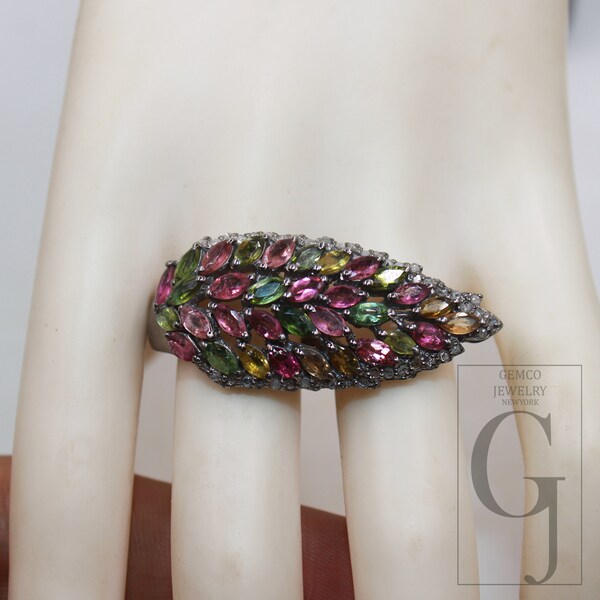 Multi coloured tourmaline stone ring Rosecut pave diamond ring 925 sterling silver handmade designer victorian look diamond leaf design ring