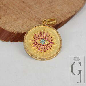 14k Gold Finish Evil Eye Pendant: Rosecut Pave Diamond, Sterling Silver