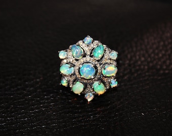 Handmade Fire Opal Flower Ring: Pave Diamond, Sterling Silver