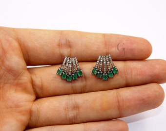 Beautiful designer emerald stud earrings tops Pave rosecut diamond 925 sterling silver handmade diamond pave stud earrings