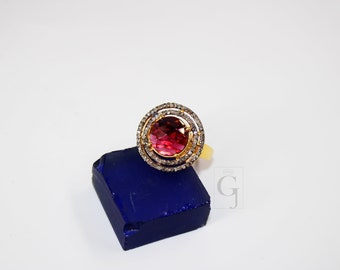 Handmade 18k Gold Rhodolite Ring: Rosecut Pave Diamond, Sterling Silver Finish