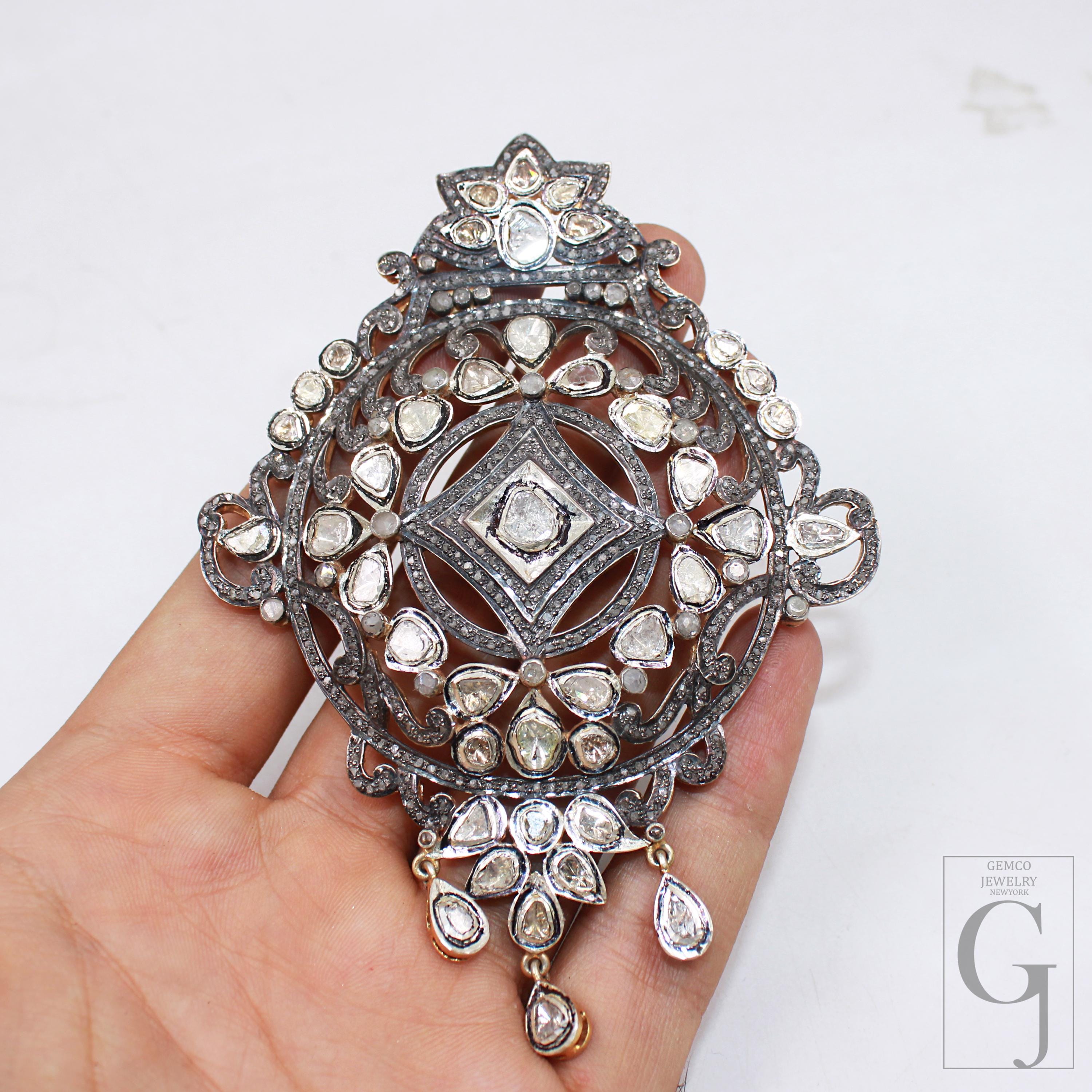 Antique Polki Pendant | Rose Cut Pave Diamond | 925 Sterling Silver Handmade Jewelry | Vintage Style Polki Charm Necklace Gift