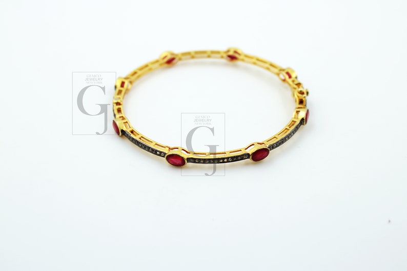 Ruby Diamond Bangle, Pavé Rosecut Diamond 925 Sterling Silver Yellow Gold Vermeil Bracelet