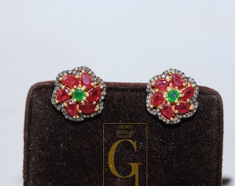 Handmade Ruby Emerald Earrings: Diamond Pave, 925 Sterling Silver