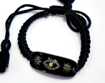 Evil eye design connector Pave rosecut diamond 925 sterling silver handmade thread enameling opal diamond bracelet