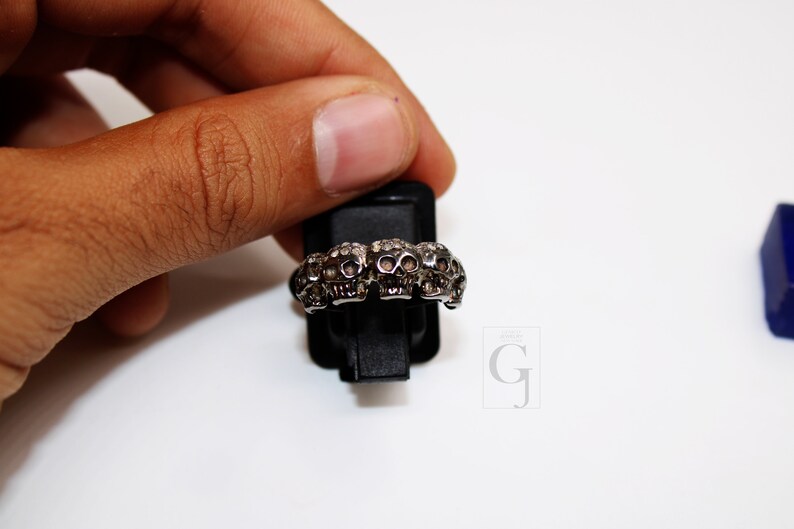 Antique look designer skull ring Rosecut pave diamond rings 925 sterling silver handmade silver finish diamond ring