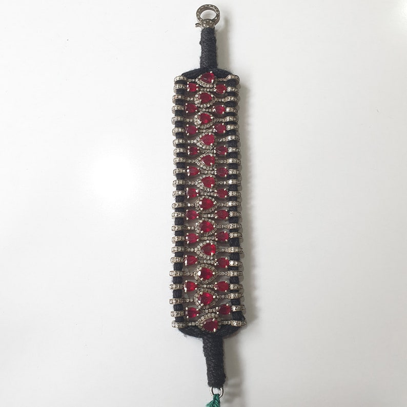 Red Ruby Thread Bracelet Rosecut Pave Diamond Thread Bangle Bracelet 925 Sterling Silver Handmade Finish Bangle Macrame Bracelet jewelry 1pc