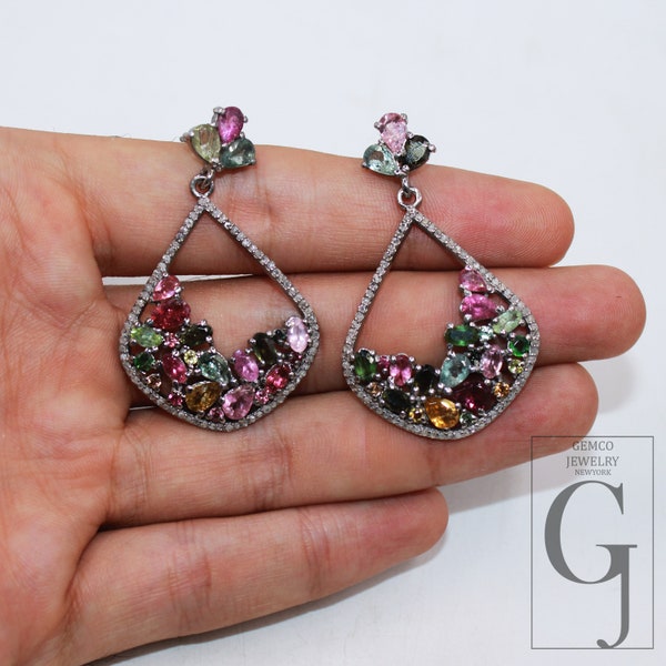 Beautiful multi tourmaline designer earring Rosecut pave diamond earrings 925 sterling silver handmade silver finish diamond earring jewelry